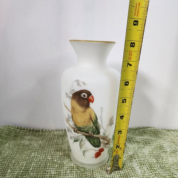 Vintage Satin Glass Vase with Parrot Bird Design Gold Rim 8.5" - Picture 8 of 9